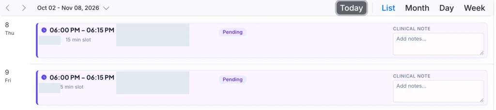 KFA appointment list showing booking times, pending status, clinical notes and calendar view controls, with identifiers hidden